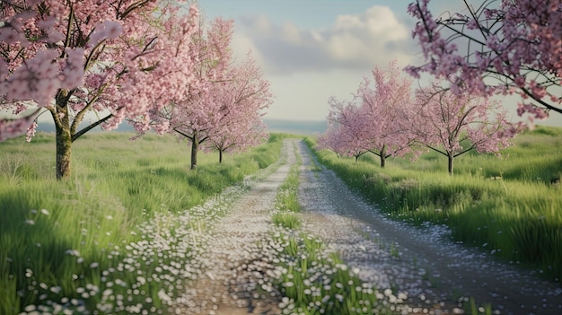 Weg met kersenbloesembomen Bosnatuur groene bessen zaad tuin pad reis gras bladeren gegenereerd door AI