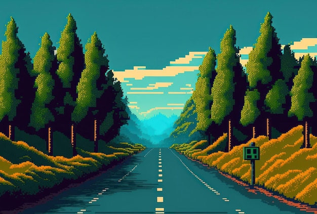 Weg met prachtige natuur rond landelijke road trip pixel art stijl achtergrond