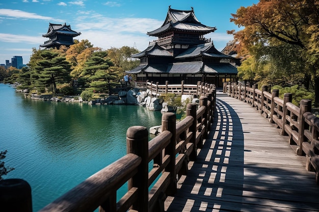 Weg naar kasteel in Japan Steek de houten brug over met uitzicht op de natuur van het meer op heldere dag