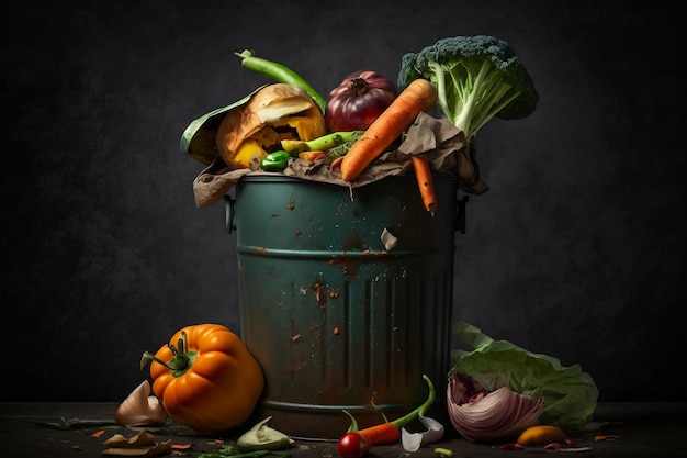 Weggegooide groenten Verspild en bedorven voedsel in de prullenbak gegooid AI gegenereerd