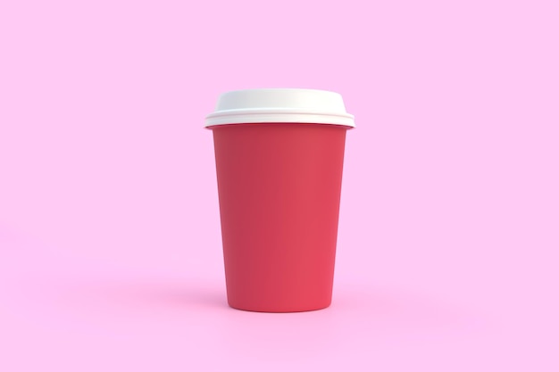Wegwerp papieren koffiekopje met wit deksel op roze achtergrond Minimaal concept 3D Render Illustratie