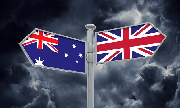 Wegwijzer Australië en Verenigd Koninkrijk Bewegen in verschillende richtingen 3D-rendering