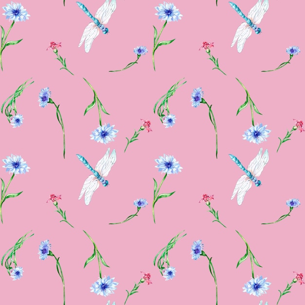 Weide blauw rode bloemen met libel aquarel illustratie naadloze patroon op roze
