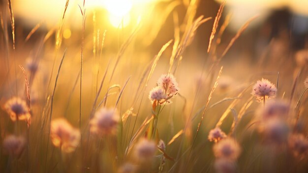 Weide bloemen en gras in zacht zonlicht natuurlijke zomer achtergrond close-up