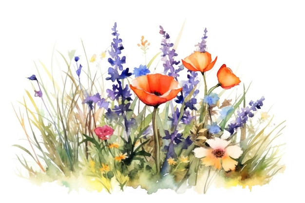 Foto weide bloemen op witte achtergrond mooie aquarel kaart met wilde delicate bloemen