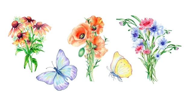 Weide kleurrijke bloemen boeket vlinders aquarel illustratie geïsoleerd