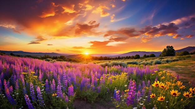 Weide van lavendel en wilde bloemen met bergen bij zonsondergang AI gegenereerd