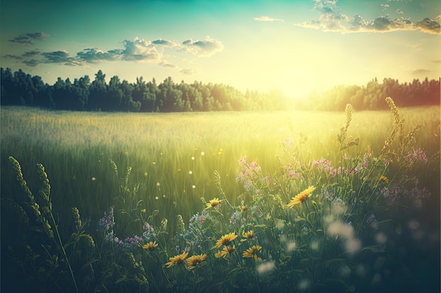 Weide zomer veld in zonnige dag met wilde bloemen en bladeren op wolkenhemel achtergrond Zomer veld panoramisch landschap