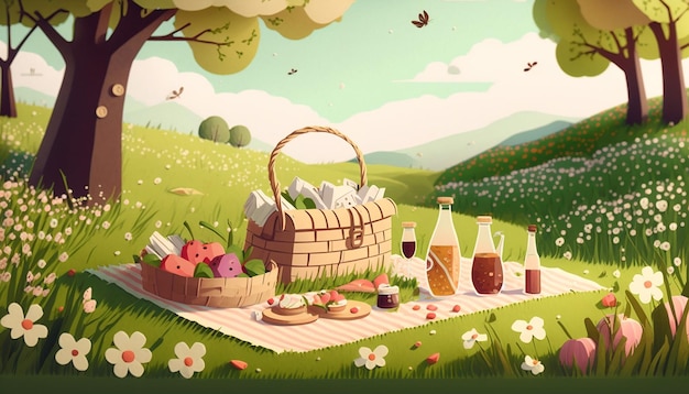 Weidemagie Een illustratie van een generatieve AI voor een picknick in de lente