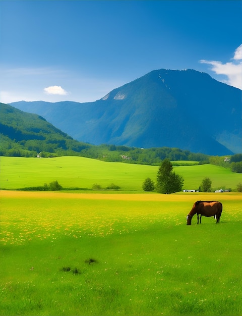 Weiden en boerderijen met bergen en lucht