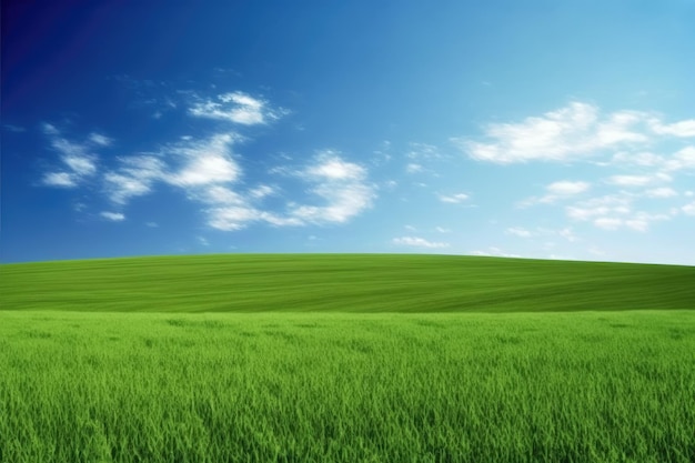 Weids beeld van een groen veld met een strakblauwe lucht