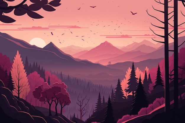 Weids uitzicht op de mistige heuvels van een roze dageraad en een herfstbos