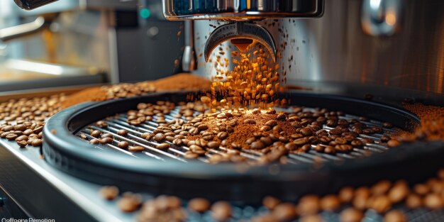 Weighing beautiful fresh dark roasted coffee beans in plastic transparent container against light