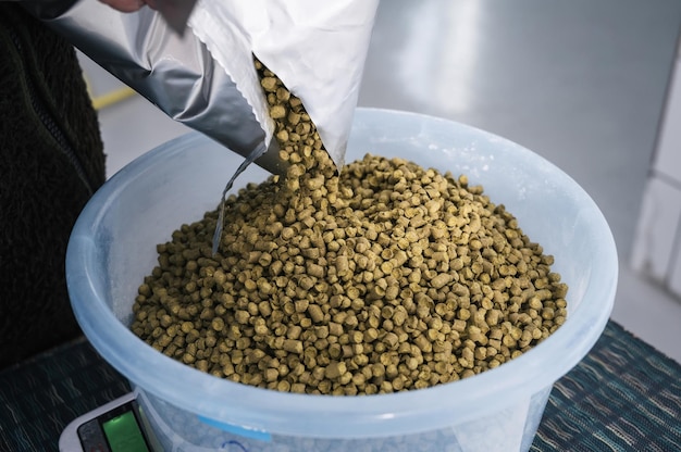 weighing of granulated hops for brewing beer in beer production