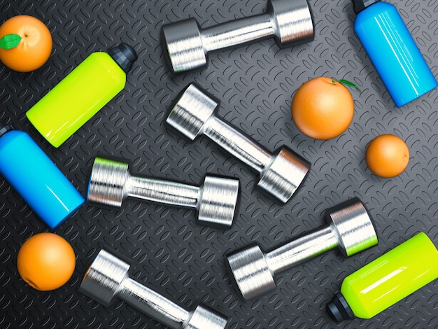 Weight and diet concept with metal dumbbells and oranges background