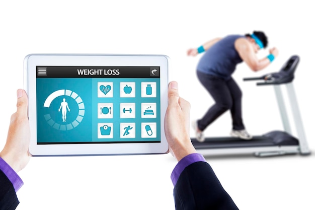 Photo weight loss app and man runs on treadmill