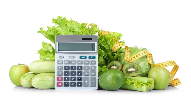 Weight loss concept Fresh vegetables fruits calculator and measuring tape on white background