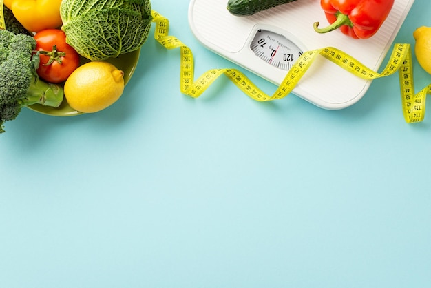 Weight loss concept Top view photo of plate with vegetables scales and tape measure on isolated pastel blue background with copyspace