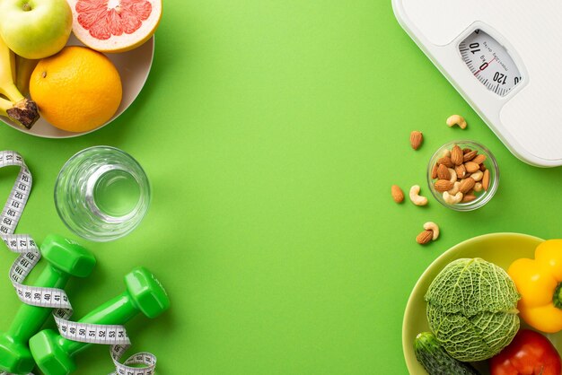 Концепция потери веса Сверху изображена фотография тарелок с фруктами и овощами, орехами, стаканом с водой, гантельями, мерной лентой и весами на изолированном зеленом фоне с пустым пространством