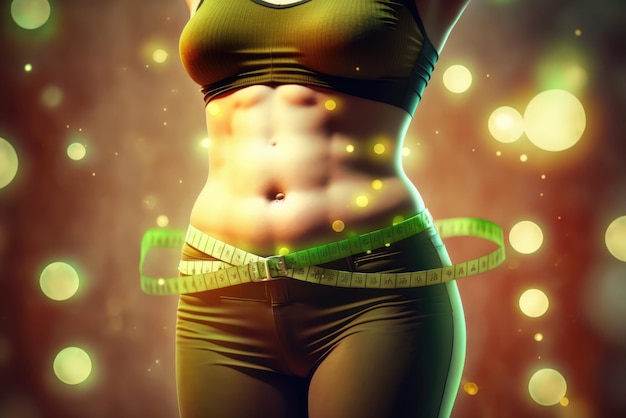 Photo weight loss concept with photo realistic illustration of girl's waist in the foreground and measuring tape around created with generative ai