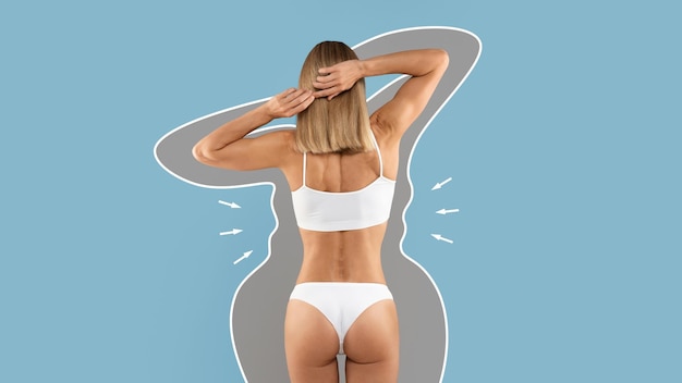 Weight loss female in underwear with drawn outlines around body
rear view