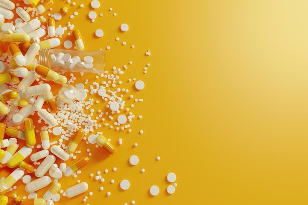 Weight loss pills scattered on yellow background