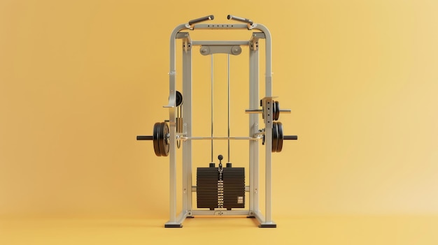 A weight machine stands boldly against a vibrant yellow backdrop