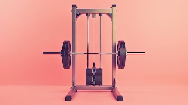 A weight machine stands out against a bold pink background