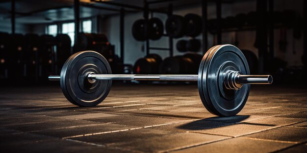 A weighted barbell placed on the floor