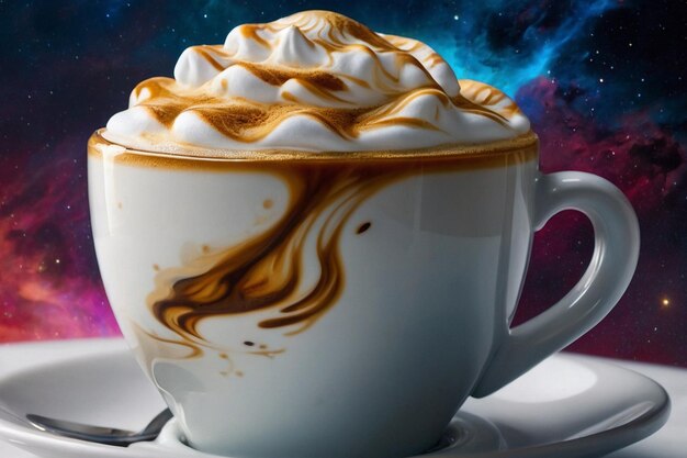 Photo weightless liquid coffee latte art in space