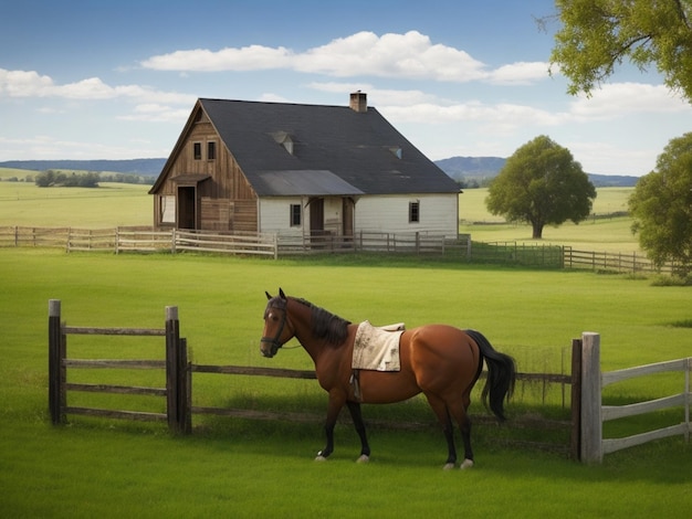 Weiland op een paardenranch met een huis en een hek oude boerderij