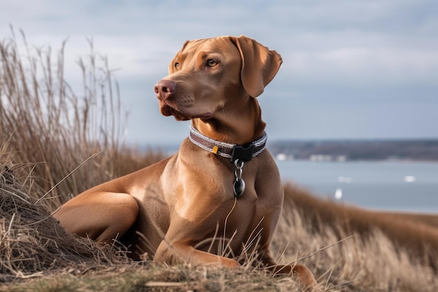 A weimeraner dog on a German dike