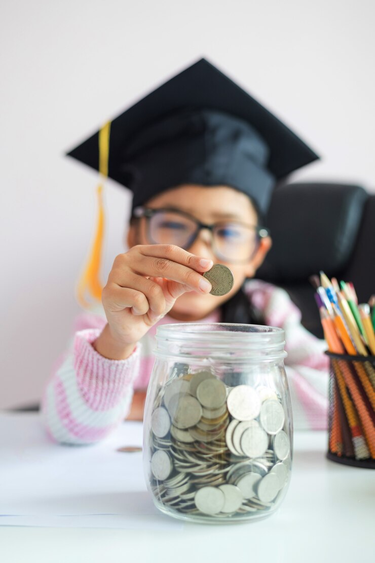 Weinig Aziatisch meisje dat gediplomeerde hoed draagt die een muntstuk zet in duidelijke glaskruik