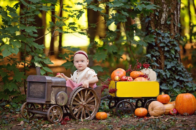 Foto weinig babymeisje in een tractor met pompoenen