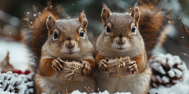 Weird kerstkaart met speelse eekhoorns en een gedeeltelijk uitgepakt geschenk voor een vervaagde New Year39s achtergrond Concept Kerstkaart Eekhoorns Geschenk Nieuwjaar