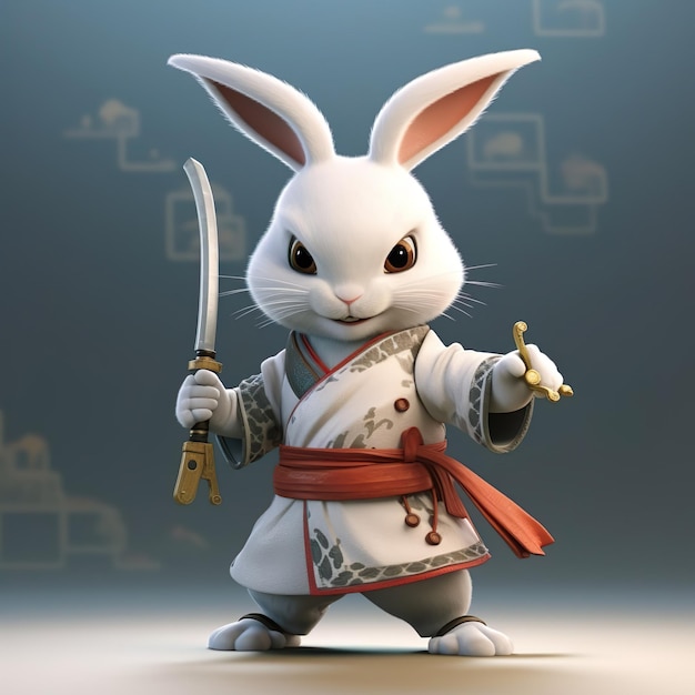 Weird looking cute rabbit in Chinese martial arts costume Chinese martial arts Chinese painting