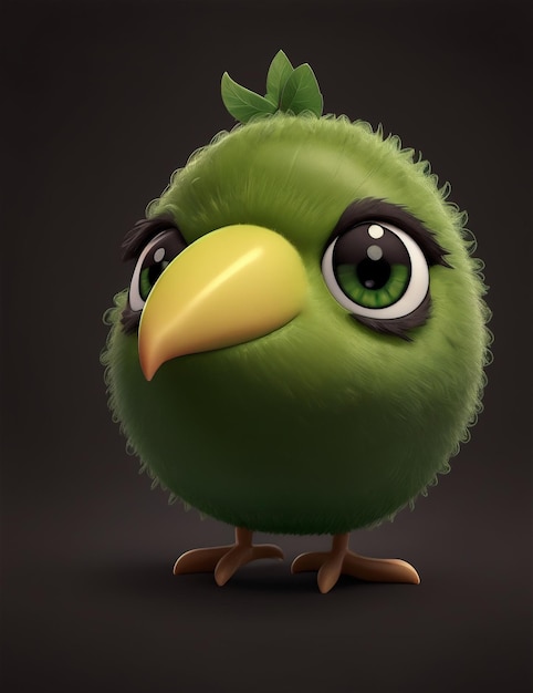 검정색 배경에 밝은 녹색 키위 새의 이상하고 단순한 얼굴 사진