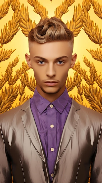 weird strange symmetrical male model with lavender and golden background