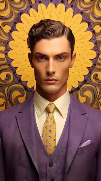 weird strange symmetrical male model with lavender and golden background