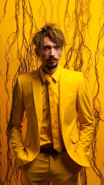 Weird wiry strange male model golden yellow background