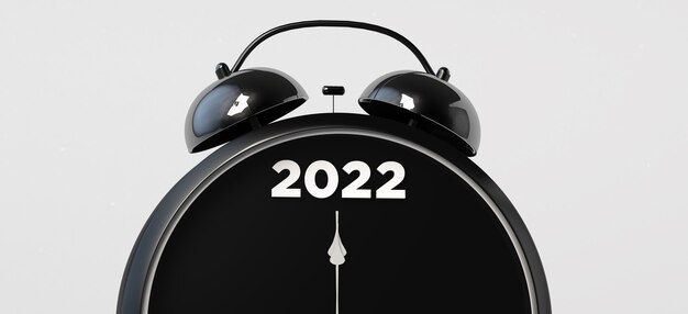 Wekker die het nieuwe jaar 2022 markeert. 3d illustratie.