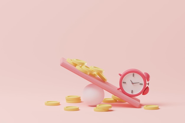 Wekker en geldmunten op de weegschaal op roze Tijd is waardevoller dan geldconcept 3D-rendering