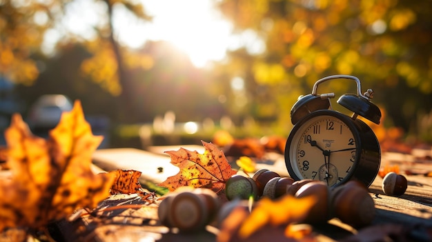 Foto wekker in de herfst laat natuurlijke achtergrond generatieve ai