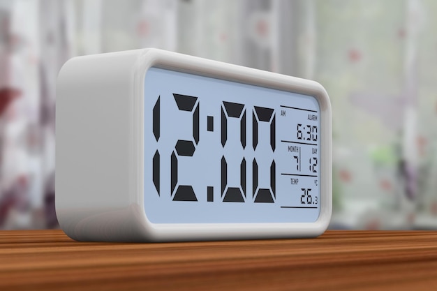 Wekker op houten tafel 3D render