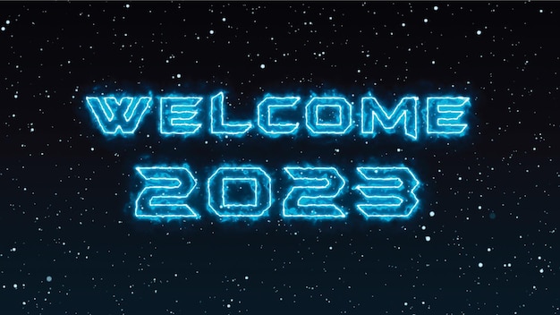 Welcome 2023 text electric effect suitable for yearend holidays with black background