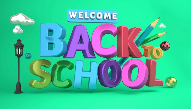 Welcome Back to school banner colorful education items and space for text in a background 3D rendering.