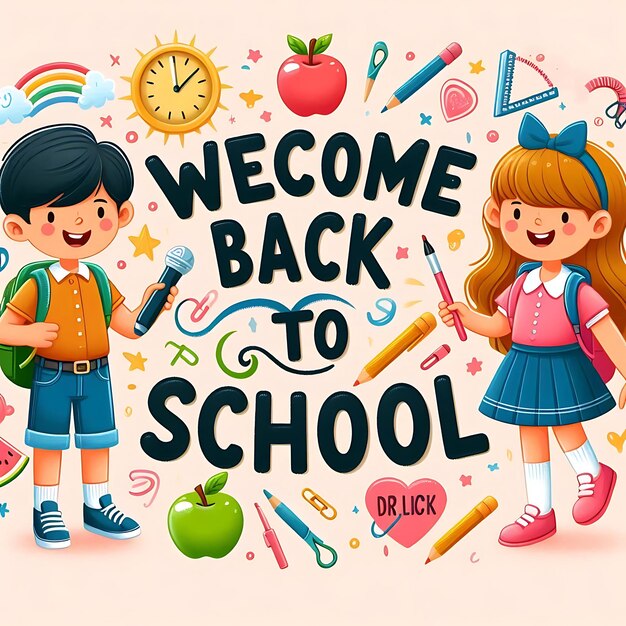 Photo welcome back to school lettering cheerful boy and girl