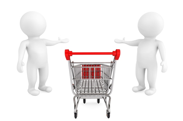 Welcome concept. Shopping Cart with 3d persons welcome and invites to market