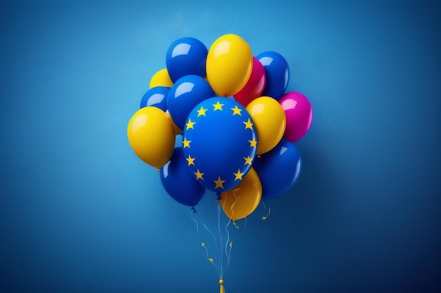 Welcome design in national blue and yellow colors with realistic flying helium balloons of Europe Celebration festival background greeting banner postcard poster