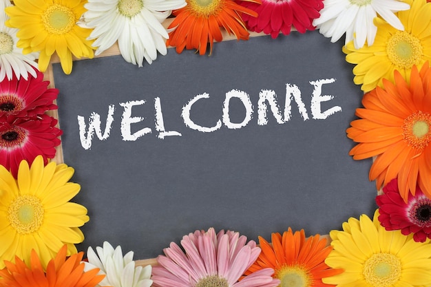 Welcome garden with colorful flowers flower board